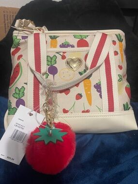 Luv Betsey Betsey Johnson Women’s Creme Veggie Print Tote w/Red Tomato Pom Charm